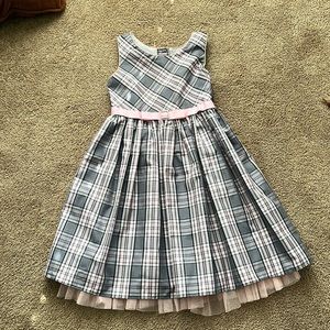 Beautiful Youngland girls pink/gray plaid dress with rhinestoned belt.